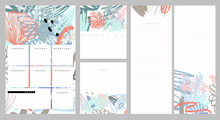Weekly And Daily Planner. Notes And To Do List Set. Hand Drawn Brush Strokes. Abstract Tropical Background In Pastel Colors. 