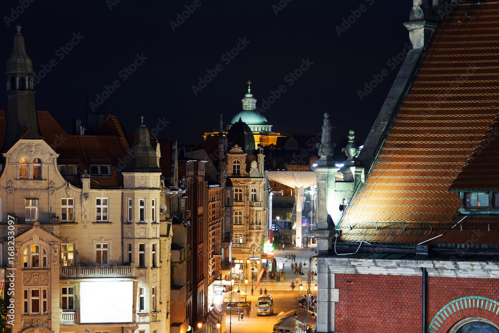 Obraz na płótnie Nightly air view panorama of Katowice, Poland w salonie