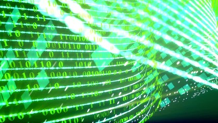 Wall Mural - green binary code background - information concept. 0 and 1 figures travel through path lines. inter