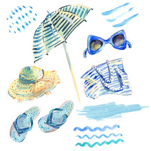 Summer Watercolor Set Of Summer Beach Objects