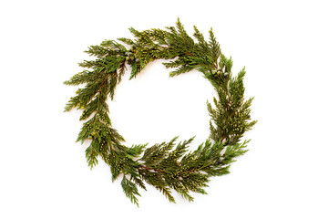 Christmas round frame made of winter evergreen plants. Flat lay.