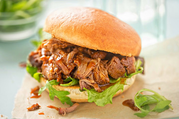 Wall Mural - Pulled pork sweet bun with mixed lettuce leaves