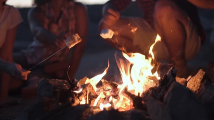crop view of people sitting around campfire and grilling marshmallows on sticks in twilight.