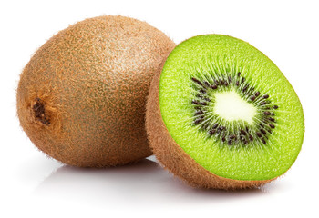 Poster - Ripe whole kiwi fruit and half kiwi fruit isolated on white background