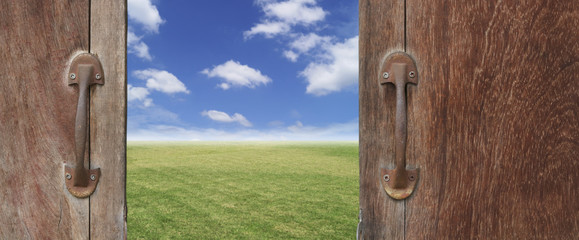 old wood door or window  with grung Handles to see green nature and sky background