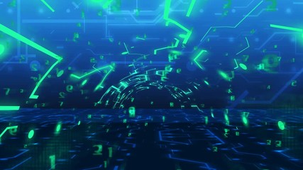 Tunnel from numbers and imitation of circuit board. Concept of Future Internet business in progress.