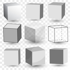 Wall Mural - Cube Realistic set, transparent glass block model, paper cardboard box. Vector