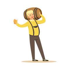 Wall Mural - Smiling blonde man in a Bavarian traditional costume holding wooden barrel on his shoulder and beer mug in his hand, Oktoberfest beer festival vector Illustration