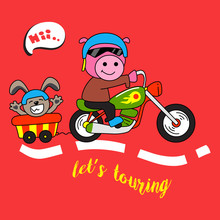 Cute Pig Ride A Motorcycle With Cat - Vector Illustration For Children.