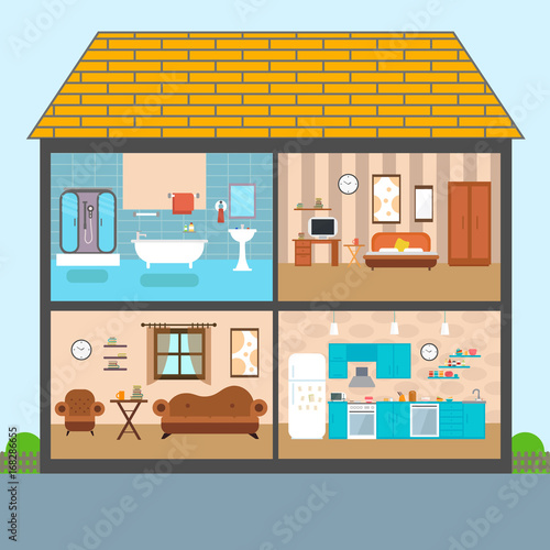 Set of vector interiors with furniture and equipment. Design a ... Set of vector interiors with furniture and equipment. Design a ...