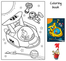 A Space Traveler With A Suitcase Catches A Taxi. Coloring Book. Cartoon Vector Illustration