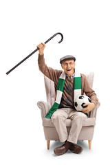 Sticker - Joyful elderly soccer fan with scarf and football