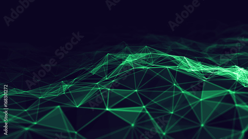 Zdjęcie XXL Grafika trójwymiarowa Abstrakcyjna futurystyczne kropek i linii. komputerowa struktura geometrycznego połączenia cyfrowego. Futurystyczny streszczenie siatki. Projekt z splotem. Big Data. Inteligencja sztuczna