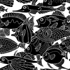  Seamless pattern with image of a fishes. Vector black and white illustration.