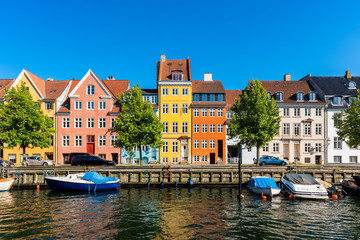 colourful houses along canal in downtown district of copenhagen denmark