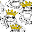 Seamless pattern with frog and toad wearing a yellow crown. Vector illustration.