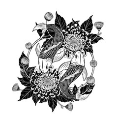 Wall Mural - Koi fish and chrysanthemum tattoo by hand drawing.Tattoo art highly detailed in line art style.