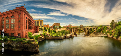 Washington Water Power building and the Monroe Street Bridge along the Spokane river