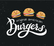 Hand lettering burger logo vector design. Vector handwritten illustration of original american burgers. Hand lettering burger logo design concept. Emblem for fast food restaurant, cafe.