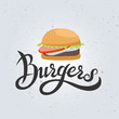 Burgers hand written lettering logo. Vector handwritten illustration of the burgers. Hand lettering burger logo design concept. Burgers vector lettering logo. Emblem for fast food restaurant, cafe.