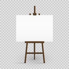 Blank Canvas On A Artist' Easel. Blank Art Board And Wooden Easel Isolated On Transparent Background. Vector Illustration.
