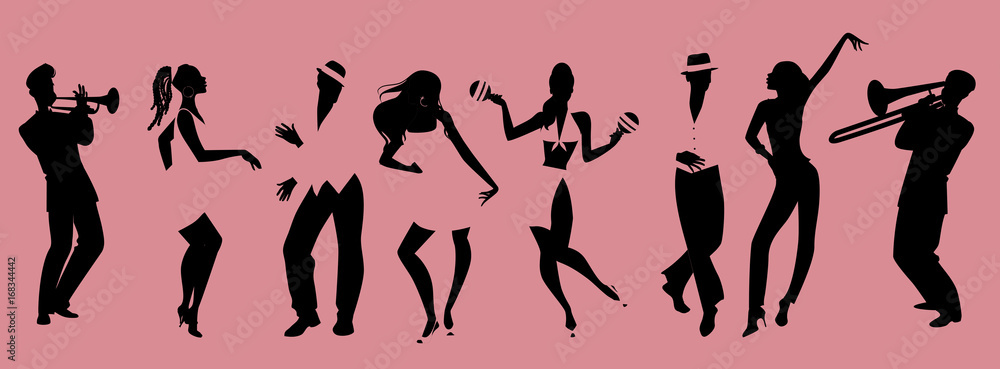 Silhouettes of people dancing salsa and musicians playing latin music - obrazy, fototapety, plakaty 