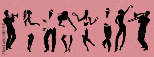 Fotografía Silhouettes of people dancing salsa and musicians playing latin music