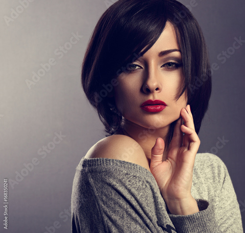Beautiful Makeup Elegant Sexy Woman With Bob Short Hair Style And Red
