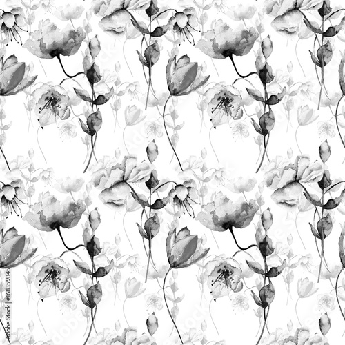 Foto-Schiebegardine Komplettsystem - Monochrome seamless pattern with garden flowers (von Regina Jersova)