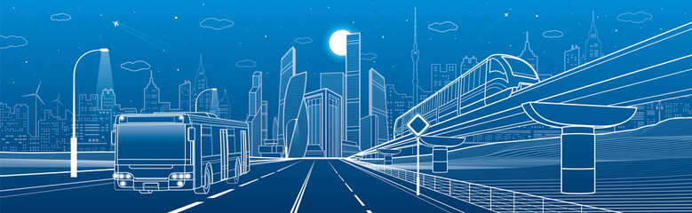 City infrastructure and transport panorama. Monorail railway. Train move over flyover. Modern night city. Airplane fly. Towers and skyscrapers. White lines on blue background, vector design art