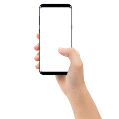Aufkleber - hand holding phone mobile isolated on white background clipping path inside