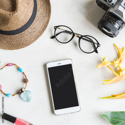 Woman Stuff Makeup Cellphone And Accessories With Copy Space Buy