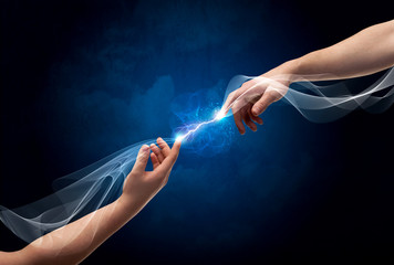 Hands connecting through fingers in space