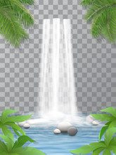 Realistic Vector Waterfall With Clear Water. Stones In Water. Jungle, Leaves Of Plants In The Foreground. Natural Element For Design Landscape Images. Isolated On Transparent Background.