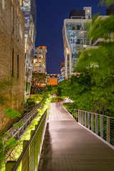 The High Line promenade at night in the heart of Chelsea. Manhattan, New York City