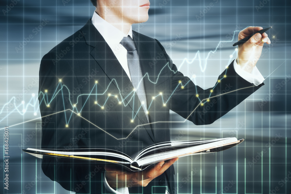 Man with forex notepad multiexposure