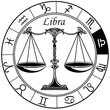 libra astrological horoscope sign in the zodiac wheel. Black and white vector illustration