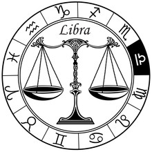 Libra Astrological Horoscope Sign In The Zodiac Wheel. Black And White Vector Illustration