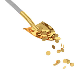 Wall Mural - Gold coins in a golden shovel on isolated background. 3d render