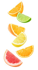 Leinwandbilder - Isolated citrus fruits wedges. Floating pieces of orange, lemon, lime and grapefruit isolated on white background with clipping path