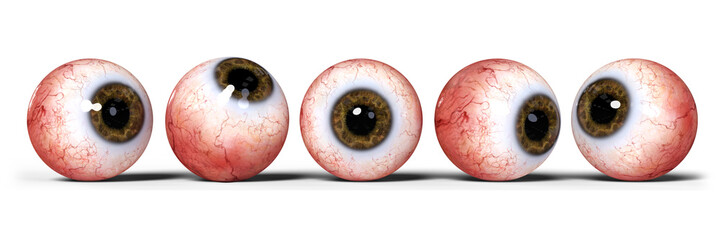 five realistic human eyes with brown iris, isolated on white background
