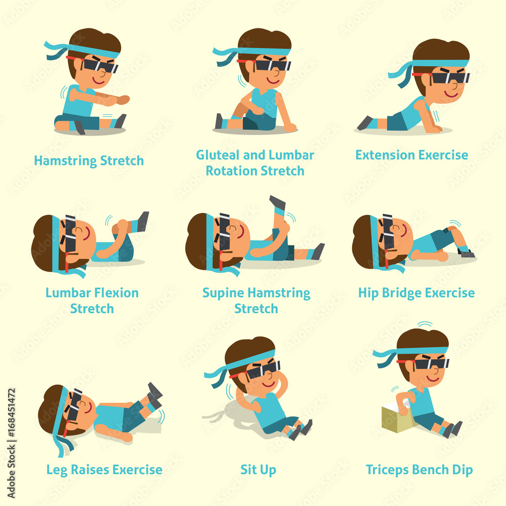 Cartoon set of a man doing warm-up and exercises