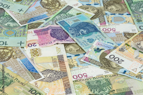 Poster Background made of different polish zloty banknotes