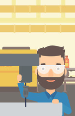 Poster - A hipster man with the beard working with a drilling machine on the background of factory workshop with conveyor belt vector flat design illustration. Vertical layout.