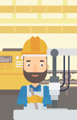 Sticker - A man working with an industrial equipment on the background of factory workshop with conveyor belt vector flat design illustration. Vertical layout. 