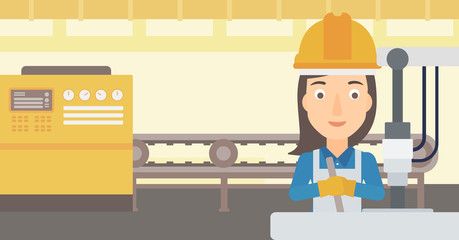 Sticker - A woman working with an industrial equipment on the background of factory workshop with conveyor belt vector flat design illustration. Horizontal layout. 