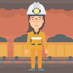 Wall Mural - A woman in hardhat with torch on the background of mining tunnel with cart full of coal vector flat design illustration. Square layout. 