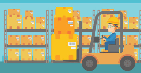 Wall Mural - A woman moving load by forklift truck on the background of warehouse vector flat design illustration. Horizontal layout.