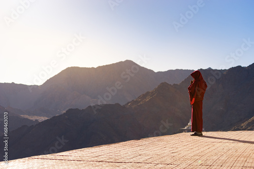 Fotografie, Obraz Lama (Tibetan monk) gazing the mountain range and blue sky in Leh Ladakh