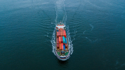 Aerial view from drone, container ship in import export and business logistic.